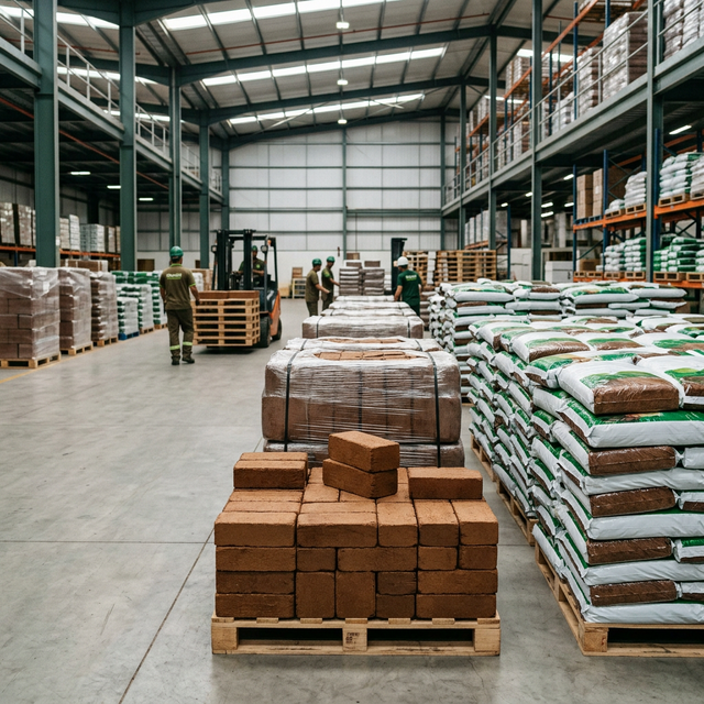 Coco peat bricks and bales in warehouse